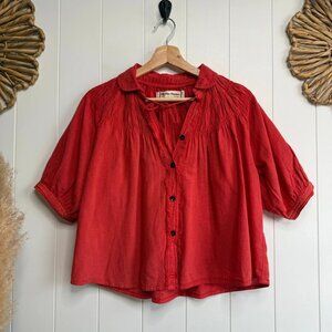Free People top pleated cotton linen blend boxy collared spring summer Small